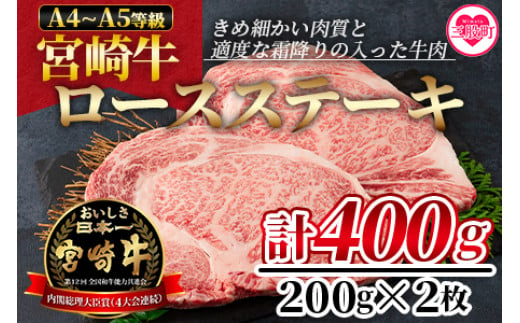 ＜宮崎牛ロースステーキ 400g（200g×2枚）＞ A4 A5 柔らかくきめ細かい肉質と適度な霜降りの入った美味しい牛肉をご堪能下さい！【MI160-nh】【日本ハムマーケティング株式会社】 304743 - 宮崎県三股町