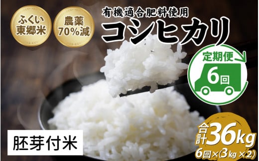 【定期便6ヶ月連続】令和6年産 ふくい東郷米 特別栽培米 特別栽培米　農薬70％減コシヒカリ 6kg(3kg×2袋)×6ヶ月 合計36kg【胚芽付米】[J-020023_03] 1313916 - 福井県福井市