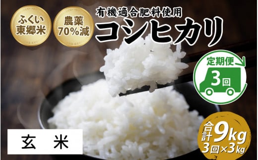 【定期便3ヶ月連続】令和6年産 ふくい東郷米特別栽培米　農薬70％減コシヒカリ 3kg×3ヶ月 合計9kg【玄米】[B-020020_02] 1313900 - 福井県福井市