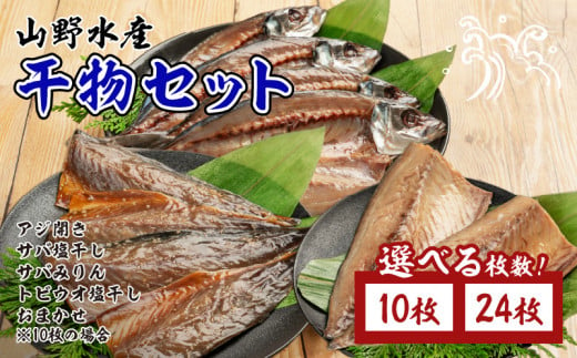 ≪枚数が選べる≫ 数量限定 山野水産 干物 セット 10枚 / 24枚 詰め合わせ 簡単調理 魚 魚介 加工品 食品 惣菜 おかず おつまみ 塩干し みりん干し アジ開き サバ トビウオ ひもの おすすめ 海産物 海鮮 水産加工品 ギフト 国産 宮崎県 日南市 送料無料_S-B232-24