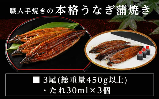 職人手焼きの本格うなぎ蒲焼き3尾_AC-3301_(都城市) 鰻蒲焼 3尾 (総重量450g以上) タレ付き (30ml×3個) 国産うなぎの蒲焼き  特製たれ付き 冷凍 ウナギ かば焼き - 宮崎県都城市｜ふるさとチョイス - ふるさと納税サイト