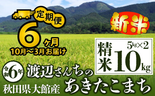 【定期便6ヶ月】令和6年産渡辺さん家のあきたこまち精米10kg(5kg×2袋)(10～3月配送) 420P9006 1455580 - 秋田県大館市