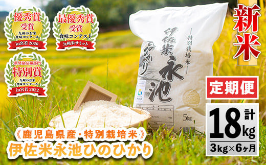 C0-09 【定期便】令和6年産 新米 特別栽培米 伊佐米永池ひのひかり(計18kg・3kg×6ヶ月) ふるさと納税 伊佐市 特産品 定期便 鹿児島 永池 お米 米 白米 精米 伊佐米 九州米サミット 食味コンテスト 最優秀賞受賞 ヒノヒカリ【エコファーム永池】 316358 - 鹿児島県伊佐市