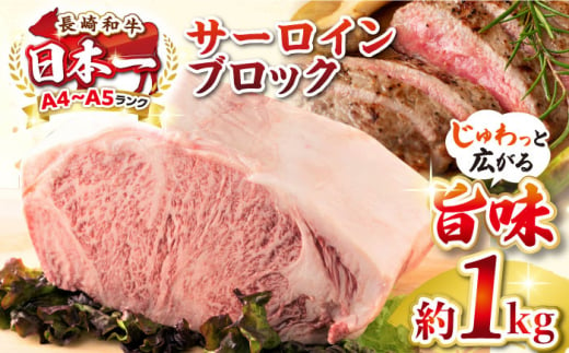 【A4〜A5ランク】長崎和牛 サーロインブロック　約1kg《壱岐市》【株式会社MEAT PLUS】 肉 牛肉 黒毛和牛 サーロイン ステーキ ブロック ご褒美 ギフト 贈答用 ご褒美 冷凍配送 A4 A5 [JGH026] 1455800 - 長崎県壱岐市