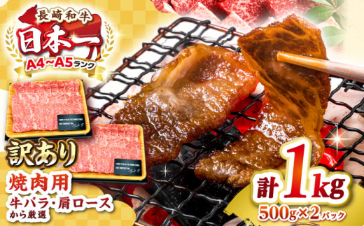 【訳あり】【A4〜A5ランク】長崎和牛 焼肉切り落とし 1kg（500g×2パック）(肩ロース・バラ）《壱岐市》【株式会社MEAT PLUS】 肉 牛肉 黒毛和牛 焼き肉 ご褒美 焼肉 焼肉用 ギフト 贈答用 ご褒美 冷凍配送 A4 A5 [JGH022] 1455796 - 長崎県壱岐市