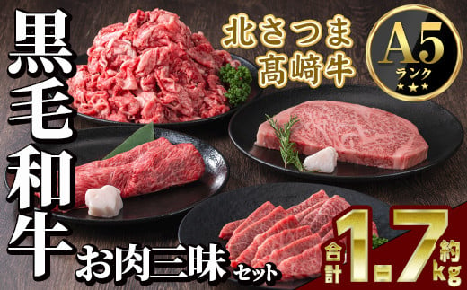 s598 鹿児島県産 北さつま高崎牛 お肉三昧セット (合計約1.7kg ・ステーキ300g×1枚 、すき焼き用 200g、焼き肉用200g、切り落とし200g×5 )黒毛和牛 A5ランク A5 雌牛 ステーキ サーロイン 焼き肉 焼肉 BBQ バーベキュー  すきやき すき焼 牛肉 お肉  真空パック【太田家】 1413545 - 鹿児島県さつま町