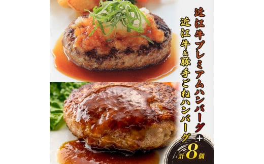 近江牛 プレミアムハンバーグ + 近江牛&豚手ごねハンバーグ セット(各4個、合計8個) ハンバーグ プレミアム 手ごねハンバーグ 各4個 8個 冷凍 急速冷凍 ギフト 個包装 湯煎 ステーキソース 滋賀県 湖南市 