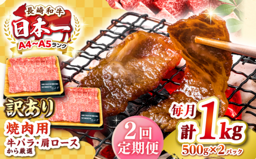 【全2回定期便】【訳あり】【A4〜A5ランク】長崎和牛 焼肉切り落とし 1kg（500g×2パック）(肩ロース・バラ）《壱岐市》【株式会社MEAT PLUS】 肉 牛肉 黒毛和牛 焼き肉 焼肉 焼肉用 ギフト 贈答用 冷凍配送 A4 A5 [JGH119] 1458103 - 長崎県壱岐市