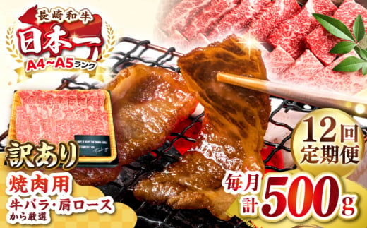 【全12回定期便】【訳あり】【A4〜A5ランク】長崎和牛 焼肉切り落とし 500g (肩ロース・バラ）《壱岐市》【株式会社MEAT PLUS】 肉 牛肉 黒毛和牛 焼き肉 ご褒美 焼肉 焼肉用 ギフト 贈答用 ご褒美 冷凍配送 A4 A5 [JGH118] 1458102 - 長崎県壱岐市