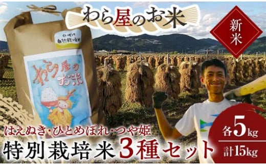 【令和6年産 新米 先行予約】 【わら屋のお米】 特別栽培米3種セット 「はえぬき･ひとめぼれ･つや姫」 各5kg (計15kg) 《令和6年10月下旬～発送》 『おがわ藁農園』 米 白米 精米 ご飯 農家直送 セット 食べ比べ 山形県 南陽市  [2170-R6]