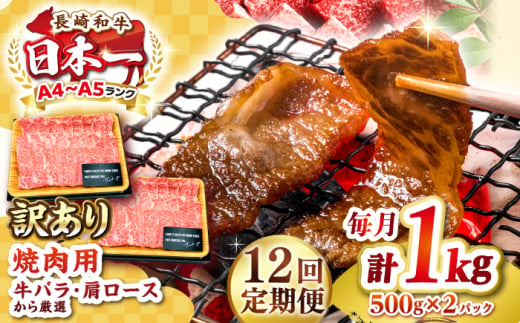 【全12回定期便】【訳あり】【A4〜A5ランク】長崎和牛 焼肉切り落とし 1kg（500g×2パック）(肩ロース・バラ）《壱岐市》【株式会社MEAT PLUS】 肉 牛肉 黒毛和牛 焼き肉 焼肉 焼肉用 ギフト 贈答用 冷凍配送 A4 A5 [JGH122] 1458106 - 長崎県壱岐市