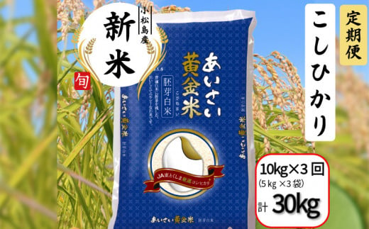 【定期便3回】 令和6年産 新米 定期便 あいさい黄金米計30kg 10kg（5kg×2）×3回  胚芽白米 徳島県 コシヒカリ お米 こめ おこめ こしひかり 白米 精米 国産 ごはん 12kg 18kg 30kg 40kg 1460916 - 徳島県小松島市