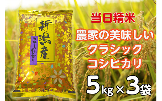 【令和6年産新米】 当日精米! 農家直送 美味しい クラシックコシヒカリ 5kg×3袋 計15kg 精米 白米 水原町農産センター 1F24034 1460161 - 新潟県阿賀野市