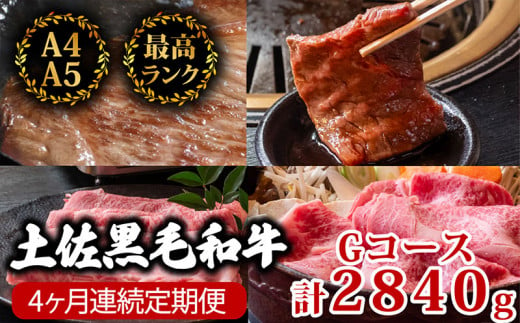 【4回定期便】土佐黒毛和牛 食べ比べ 2840g (計2.8kg以上) | Gコース 厳選 国産 和牛 すき焼き しゃぶしゃぶ ステーキ 焼き肉 お肉 にく 霜降り 牛肉 ウデ肉 うで肉 モモ肉 もも肉 サーロイン 人気 贈答 ギフト プレゼント 小分け 数量限定 4ヵ月 頒布会 老舗 たけうちミート 高知県 須崎市 TM9000 1464504 - 高知県須崎市