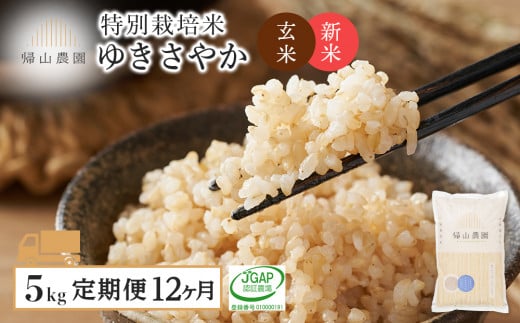 新米発送【定期便 12ヶ月】特別栽培米産地直送 玄米 ゆきさやか 5kg×12回 《帰山農園》  1049358 - 北海道知内町