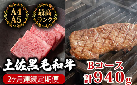 【2回定期便】土佐黒毛和牛 食べ比べ 940g | Bコース 厳選 国産 和牛 ステーキ 焼き肉 お肉 にく 霜降り 牛肉 サーロイン リブロース 人気 贈答 ギフト プレゼント 小分け 数量限定 2ヵ月 頒布会 老舗 たけうちミート 高知県 須崎市 TM4000 1464509 - 高知県須崎市