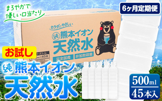 【6ヶ月定期便】水 500ml 家計応援 くまモン の ミネラルウォーター 天然水 熊本イオン純天然水 ラベルレス 45本 500ml 《申込み翌月から発送》 飲料水 定期 備蓄 備蓄用 箱 ペットボトル 防災用 調乳 ラベル ミネラルウオーター 1411233 - 熊本県玉東町