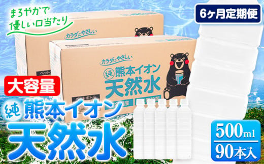 【6ヶ月定期便】水 500ml 家計応援 くまモン の ミネラルウォーター 天然水 熊本イオン純天然水 ラベルレス 90本 500ml 《申込み翌月から発送》 飲料水 定期 備蓄 備蓄用 箱 ペットボトル 防災用 調乳 ラベル ミネラルウオーター 1411330 - 熊本県玉東町