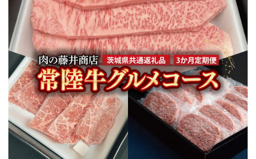 【常陸牛】肉の藤井商店（定期便）常陸牛グルメコース ～至福の3ヶ月～ 定期便 3か月 贅沢牛肉定期便 高級牛肉 贅沢牛肉 毎月お届け 最高級牛肉 ギフト定期便 豪華牛肉 A5 厳選 サーロイン モモステーキ ハンバーグ 高級ステーキ 特選ステーキ お中元 お歳暮 国産 牛肉 肉 お肉 最高級 ブランド牛 贈答 化粧箱 黒毛和牛 和牛 国産黒毛和牛 国産牛（茨城県共通返礼品）(FL-30) 1466641 - 茨城県行方市