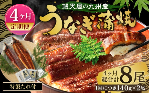 [4ヶ月定期便]鰻天屋 九州産うなぎ 蒲焼 約140g×2尾 セット 合計8尾 たれ 山椒 鰻 ウナギ 蒲焼き 国産 冷凍 鹿児島、宮崎、熊本等産うなぎ原料使用