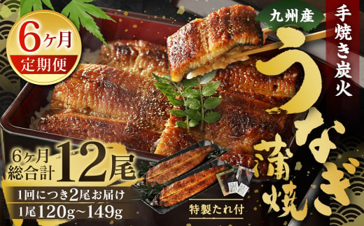 【6ヶ月定期便】九州産 手焼き炭火 うなぎ蒲焼 2尾（1尾あたり120～149g）たれ 山椒 鰻 蒲焼き 冷凍 国産 送料無料 鹿児島、宮崎、熊本等産うなぎ原料使用