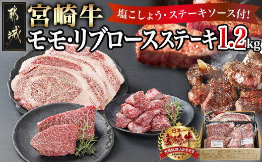 宮崎牛モモ・リブロースステーキ1.2kgセット_AD-2510_(都城市) ステーキ食べ比べ 都城産 宮崎牛 モモ 100g  サイコロステーキ 200g リブロースステーキ 300g 塩こしょう ステーキソース付