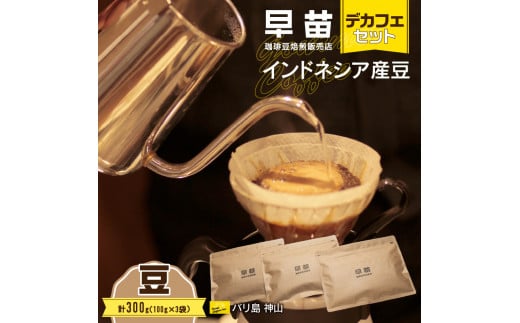 【早苗】焙煎珈琲豆（インドネシア産　デカフェセット100g×3）豆 コーヒー 珈琲 セット デカフェ ディカフェ カフェインレス まろやか 妊婦 小分け ジッパー チャック付き 100g 豆 東京 新宿 0020-004-S05-1 1092309 - 東京都新宿区