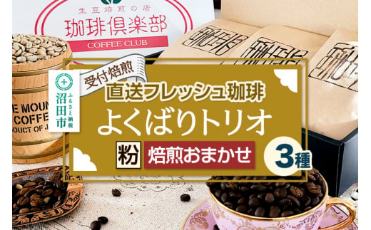 《受付焙煎》直送フレッシュ珈琲 よくばりトリオ【粉／焙煎度合いの指定はできません】各200g×3種 計600g 珈琲倶楽部 沼田店 1464641 - 群馬県沼田市