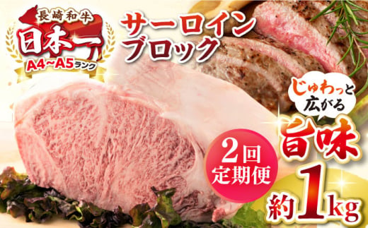 【全2回定期便】【A4〜A5ランク】長崎和牛 サーロインブロック　約1kg《壱岐市》【株式会社MEAT PLUS】 肉 牛肉 黒毛和牛 サーロイン ステーキ ブロック ご褒美 ギフト 贈答用 ご褒美 冷凍配送 A4 A5 [JGH135] 1470194 - 長崎県壱岐市