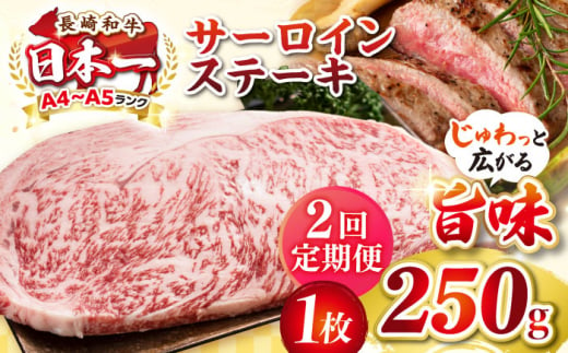 【全2回定期便】【A4〜A5ランク】長崎和牛 サーロインステーキ 250g（250g×1枚）《壱岐市》【株式会社MEAT PLUS】 肉 牛肉 黒毛和牛 サーロイン ステーキ ご褒美 ギフト 贈答用 ご褒美 冷凍配送 A4 A5 [JGH123] 1470182 - 長崎県壱岐市