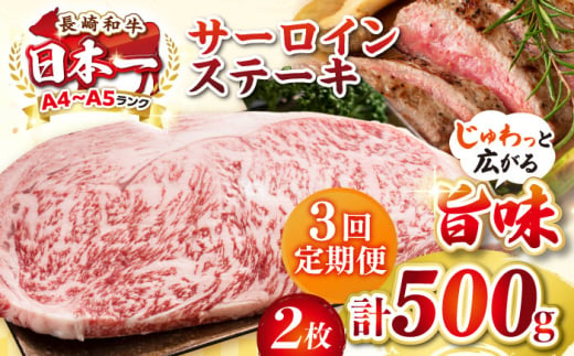 【全3回定期便】【A4〜A5ランク】長崎和牛 サーロインステーキ 500g（250g×2枚）《壱岐市》【株式会社MEAT PLUS】 肉 牛肉 黒毛和牛 サーロイン ステーキ ご褒美 ギフト 贈答用 ご褒美 冷凍配送 A4 A5 [JGH128] 1470187 - 長崎県壱岐市