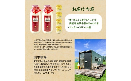 オーガニック＆グラスフェッド養老牛放牧牛乳900ml×2本とエシカル・プリン×4個セット