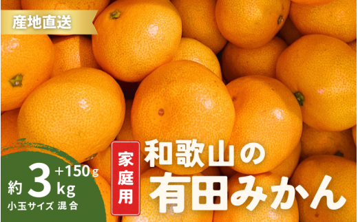 家庭用 有田みかん 和歌山 小玉(2S,3Sサイズ混合) 3kg +150g【10月上旬～1月下旬頃に順次発送予定】/ みかん フルーツ 果物 くだもの 有田みかん 蜜柑 柑橘【ktn009】 1527186 - 和歌山県すさみ町