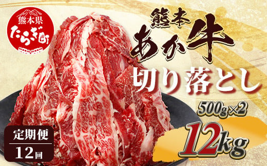 【定期便12回】熊本あか牛 切り落とし 1kg (500g×2)×12回  【 合計 12Kg 】 国産 牛肉 冷凍 熊本 熊本県産 あか牛 赤牛 切り落とし 041-0164 1478578 - 熊本県多良木町