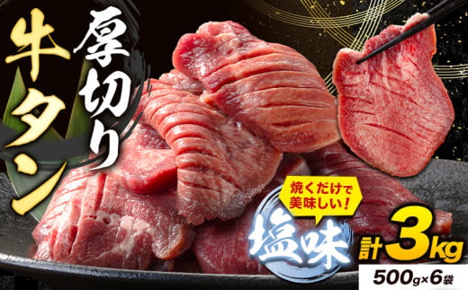 牛タン 厚切り 塩味 3kg 500g×6袋 《30日以内に出荷予定(土日祝除く)》牛肉 肉 牛 たん タン 牛たん 焼くだけ 訳あり 焼肉 焼き肉 熊本県 山江村 薄切り BBQ タン下 塩牛タン 冷凍 味付け肉 一番人気 塩味 お取り寄せ