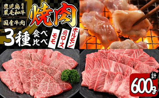 【焼肉3種！食べ比べセット】鹿児島県産黒毛和牛 モモ・肩ロース・国産ホルモンの焼肉3種セット＜計600g＞ 牛肉 肉 焼肉 セット 焼肉セット 焼き肉 小分け 食べ比べ 赤身 霜降り ホルモン やきにく BBQ a4-080 1468316 - 鹿児島県志布志市