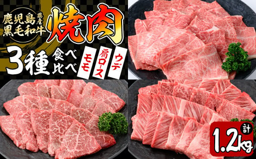 【焼肉3種！食べ比べセット】鹿児島県産黒毛和牛 モモ・肩ロース・ウデの焼肉3種セット＜計1.2kg＞ 牛肉 肉 焼肉 セット 焼肉セット 焼き肉 小分け 食べ比べ 赤身 霜降り やきにく BBQ c0-109 1468339 - 鹿児島県志布志市