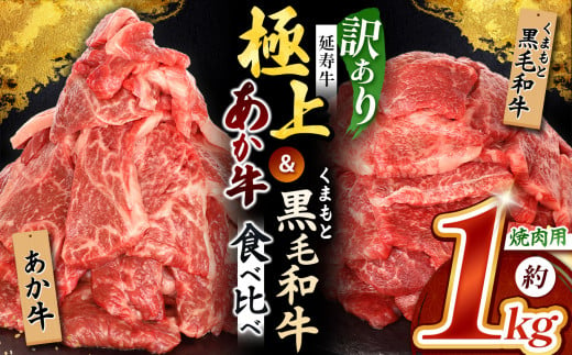 熊本県産 あか牛 「-延寿牛-」 と 黒毛和牛 焼肉 切り落とし 食べ比べ 訳あり 約1kg | 肉 にく お肉 おにく 牛 牛肉 延寿牛 和牛 焼き肉 切り落し 切落し セット 熊本県 玉名市