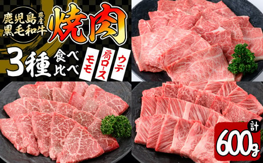 【焼肉3種！食べ比べセット】鹿児島県産黒毛和牛 モモ・肩ロース・ウデの焼肉3種セット＜計600g＞ 牛肉 肉 焼肉 セット 焼肉セット 焼き肉 小分け 食べ比べ 赤身 霜降り やきにく BBQ a6-048 1468330 - 鹿児島県志布志市