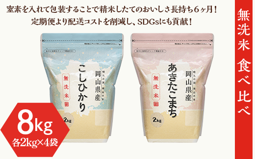 【無洗米】食べ比べ8kg（こしひかり2kg×2袋、あきたこまち2kg×2袋） 526685 - 岡山県井原市