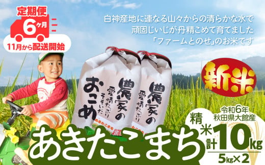 【定期便6ヶ月】令和6年産ファームとのせ「あきたこまち精米10kg(5kg×2袋)」(11～4月配送)  445P9002