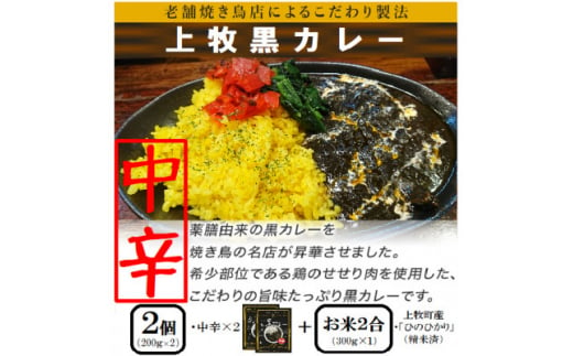 ＜ご当地カレー＞上牧黒カレー(中辛)2個+地元米(ひのひかり)2合をセット【1439531】 2004362 - 奈良県上牧町