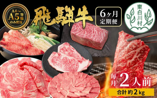 【2月発送開始】飛騨牛 定期便 全6回 約2kg 2人前 すき焼き しゃぶしゃぶ ステーキ 焼肉 BBQ ロース カタロース ロースステーキ モモ カタ ブロック肉 モモブロック 贅沢 贈り物 6ヶ月 定期 おすすめ 選べる 人気 飛騨 ブランド牛 肉のひぐち 1479286 - 岐阜県東白川村