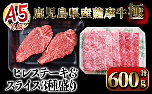 2624 薩摩牛極　ヒレステーキ＆スライスセット【国産 鹿児島県産 牛 牛肉 A5 ヒレ ヒレ肉 ステーキ サーロイン ウデ バラ 冷凍】 1489999 - 鹿児島県鹿屋市