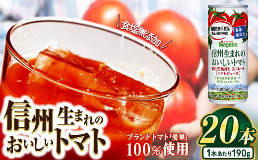 信州生まれのおいしいトマト 食塩無添加トマトジュース 190g×20本 | ふるさと納税 トマト ジュース 飲料 果汁 人気 缶 ドリンク 飲み物 長野県 松本市 無添加 栄養 1497338 - 長野県松本市