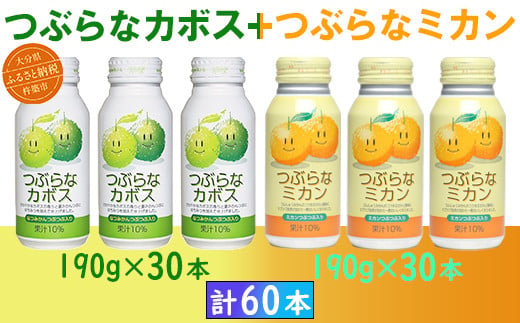 つぶらなカボス30本+つぶらなミカン30本(計60本・各1ケース)190g / つぶらな つぶらなカボス つぶらなミカン ジュース 2ケース かぼすドリンク 清涼飲料水 人気 子供 おすすめ 果汁飲料 ご当地ジュース かぼす ミカン 飲料 60本 飲み比べ 詰めあわせ ギフト プレゼント セット 贈答 家庭用 JAフーズおおいた [131-203_6]