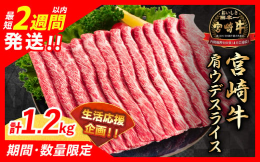 [最短2週間以内で発送]数量限定 期間限定 宮崎牛 肩ウデ スライス 計1.2kg 肉 牛肉 国産 すき焼き 人気 黒毛和牛 赤身 しゃぶしゃぶ A4 A5 等級 ギフト 贈答 小分け 食品 宮崎県 送料無料_CA49-23-ZO2-2W