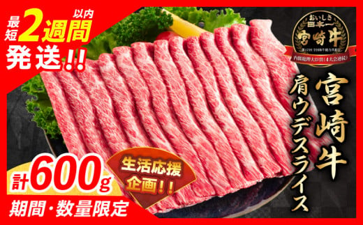 [最短2週間以内で発送]数量限定 期間限定 宮崎牛 肩ウデ スライス 計600g 肉 牛肉 国産 すき焼き 人気 黒毛和牛 赤身 しゃぶしゃぶ A4 A5 等級 ギフト 贈答 小分け 食品 宮崎県 送料無料_BB131-23-ZO2-2W