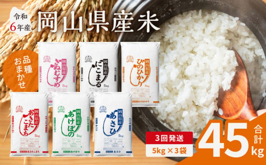 【3ヶ月定期便】【令和6年産米】岡山県産米 15kg (5kg×3袋) × 3回　計45kg 【定期便 お米 ランダム 配送 ヒノヒカリ にこまる 朝日 アケボノ あきたこまち 令和6年産 米 精米】 1222563 - 岡山県備前市