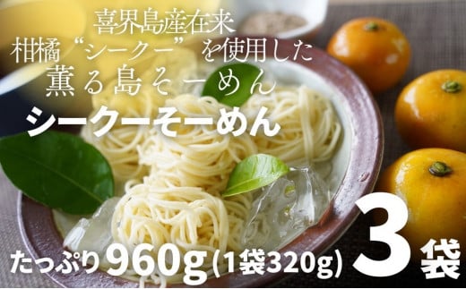 【喜界島在来柑橘を使用した】シークーそーめん/そうめん/ソーメン ３袋 計960g